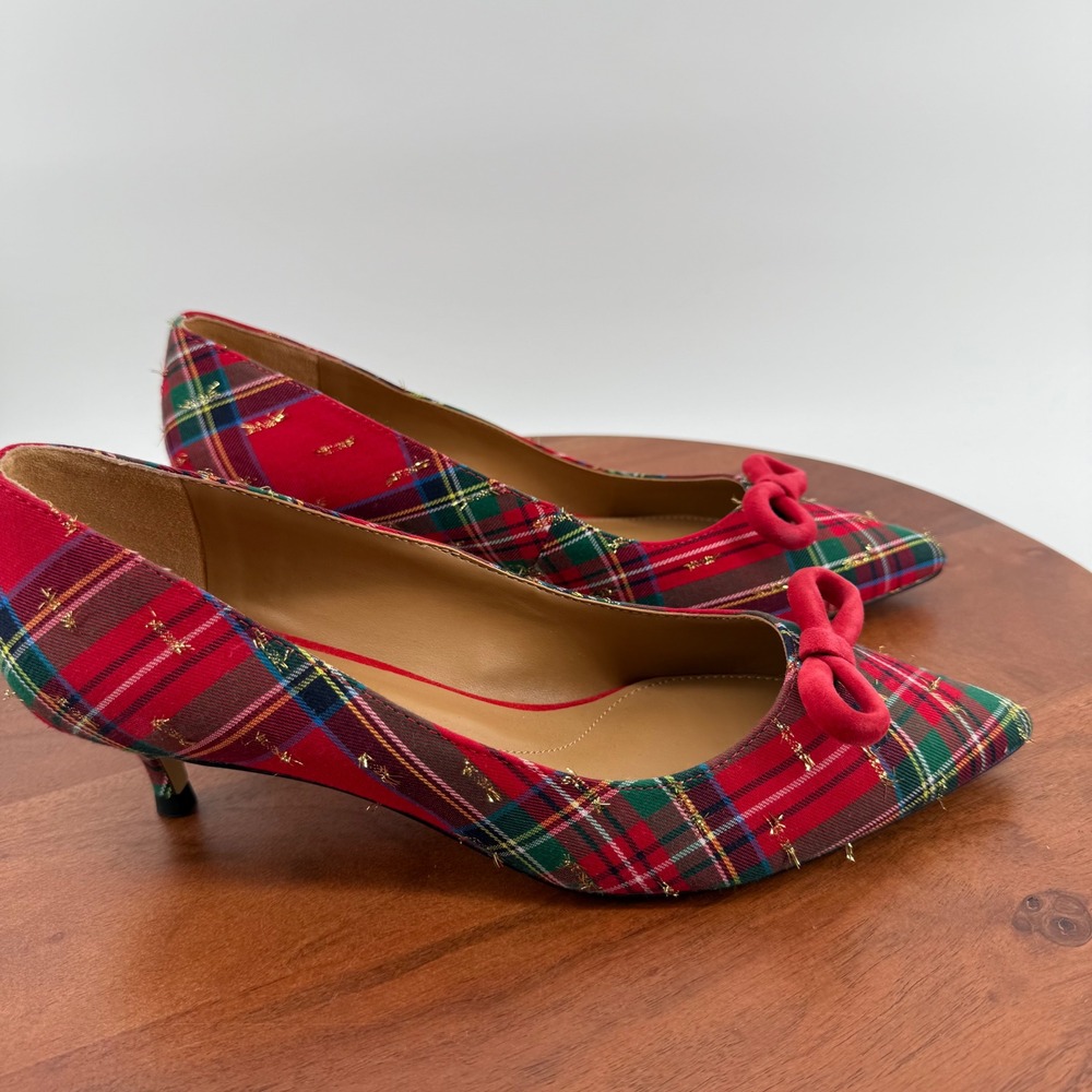 Talbots Sylvie Bow Kitten Heels Red Plaid Tartan Metallic Holiday Women 8.5M